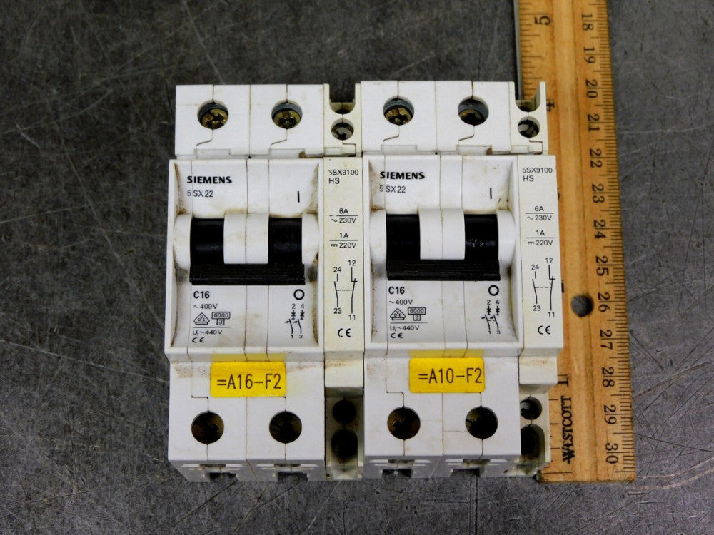 Siemens 5SX22 C16 Circuit Breaker w/ 5SX9100 HS Auxiliary Contact Lot of Two (2)