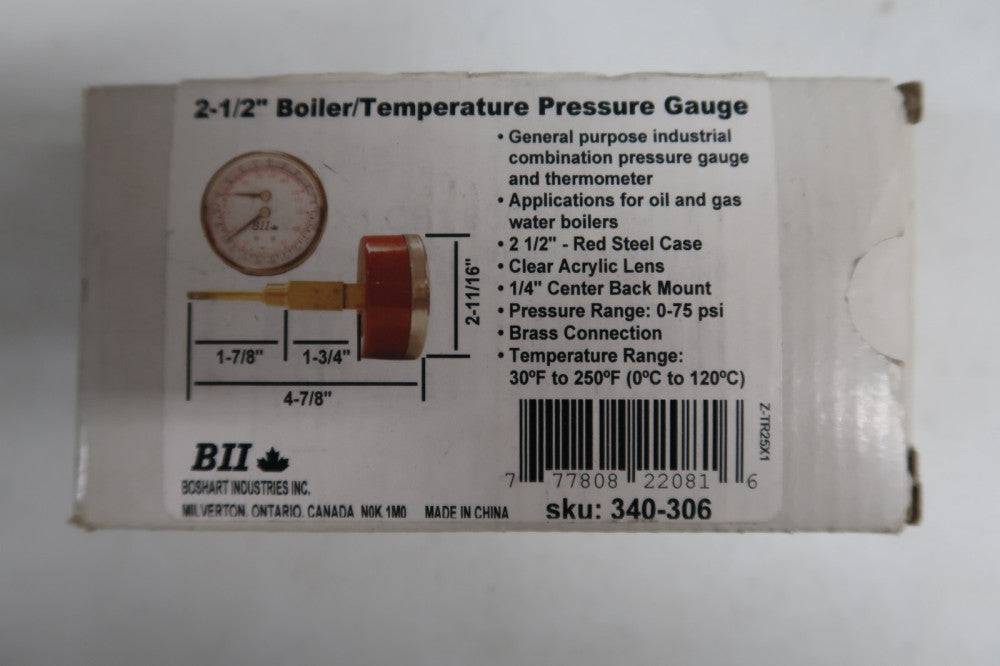BOSHART BII 2.5" TRIDICATOR 0-75 PSI/KPA 30-250° F/C TEMP & PRESSURE GAUGE - NEW