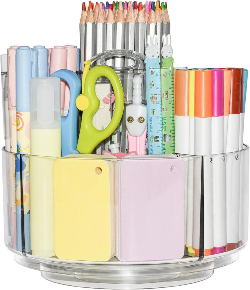 JIKIOU Acrylic Pen Holder, 360-Degree Rotating Pen Holder for Desk, Clear Desk O
