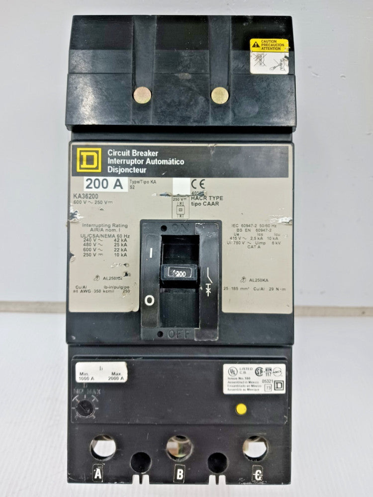 Square D 200 Amp I-Line Circuit Breaker 600 VAC / 250 VDC 3 Pole 25kA KA36200