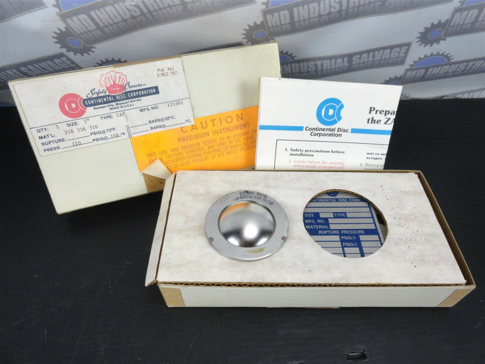 CONTINENTAL DISC CORP. - RUPTURE DISC 1" Dome - 316SS - 110PSIG @ 150°F (NEW)
