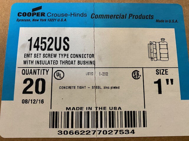 (Box of 20) Crouse-Hinds 1452US 1" USA Steel Insulated Set Screw EMT Connector