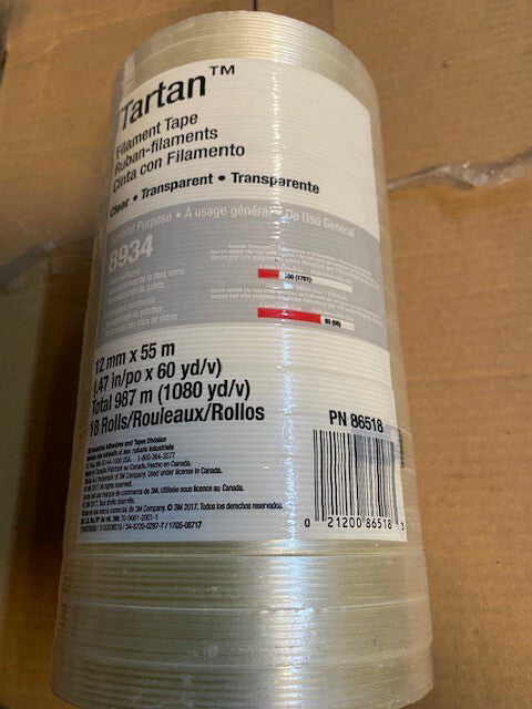 18 Pack -  3M™ Tartan 86518 Filament Tape 8934 Clear 12mm x 55m 1/2in x 60 yards