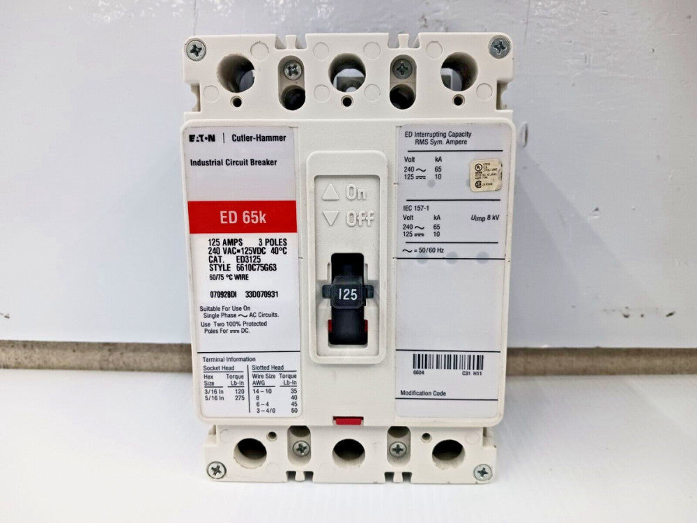 EATON 125 AMP CIRCUIT BREAKER 3 POLE 240 VAC 65kA ED3125