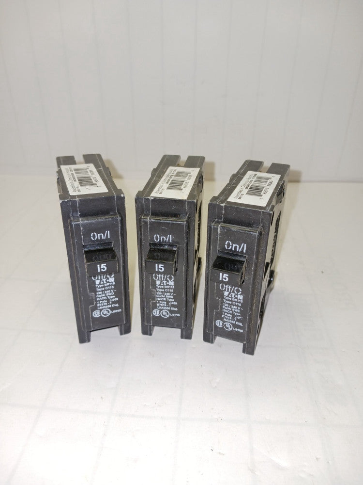 (3) EATON  15 AMP CIRCUIT BREAKER 120/240 VAC 1 POLE BR115