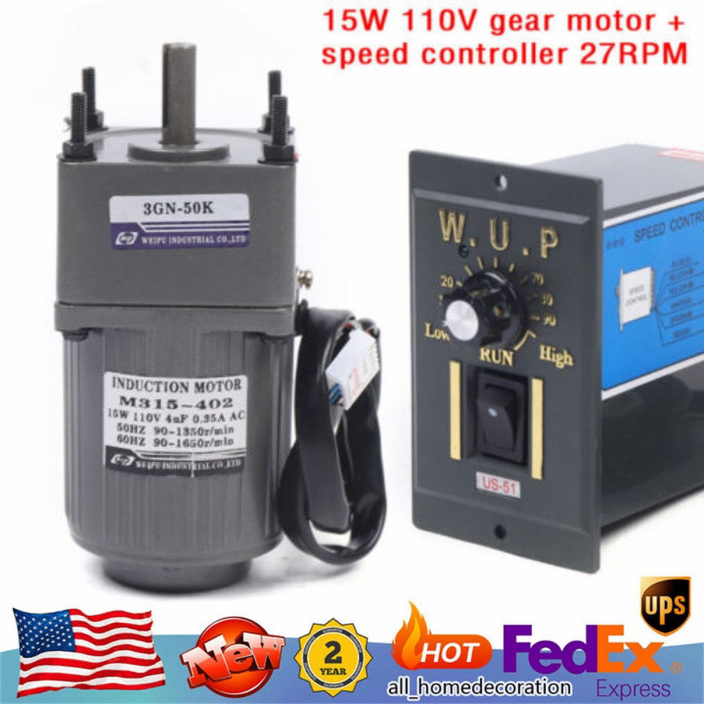High Torque Gear Motor AC Electric Motor Variable Speed Controller 1:50 27RPM US
