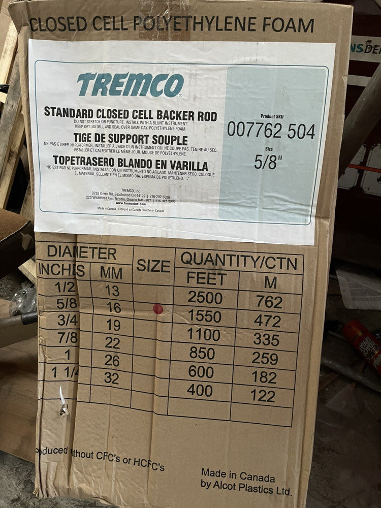 TREMCO STANDARD CLOSED CELL BACKER ROD 5/8", 1550FT, 472M, 16MM, 007762 504