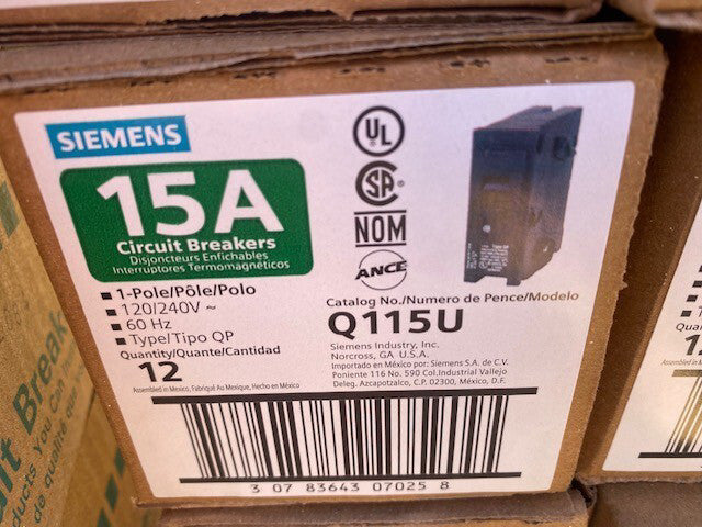 (12 PACK) Siemens Q115U 15 Amp Single-Pole Type QP Circuit Breaker (NEW)
