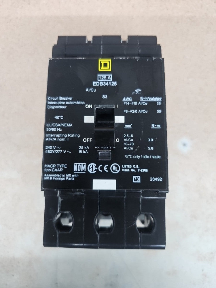 1) New Take Out Square D EDB34125 125 Amp 3 Pole Circuit Breaker