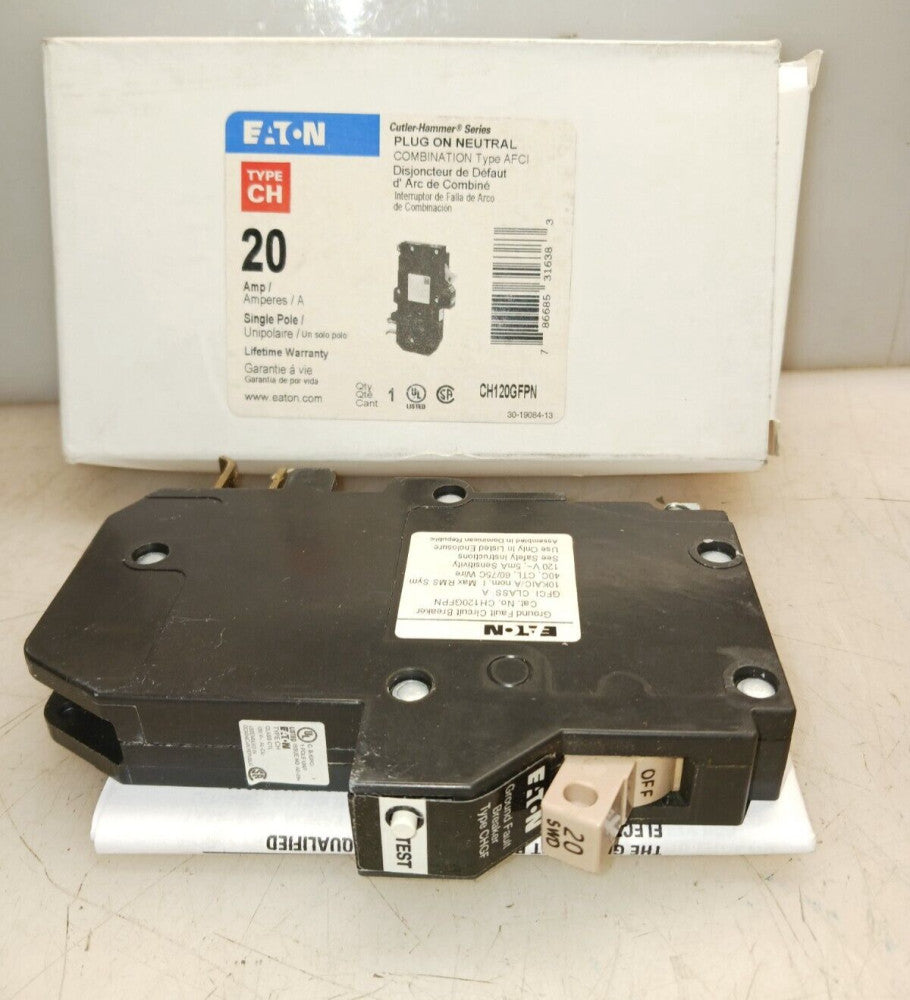 NEW EATON CH120GFPN PLUG ON NEUTRAL AFCI CIRCUIT BREAKER 20 AMP 1 POLE 120 VAC