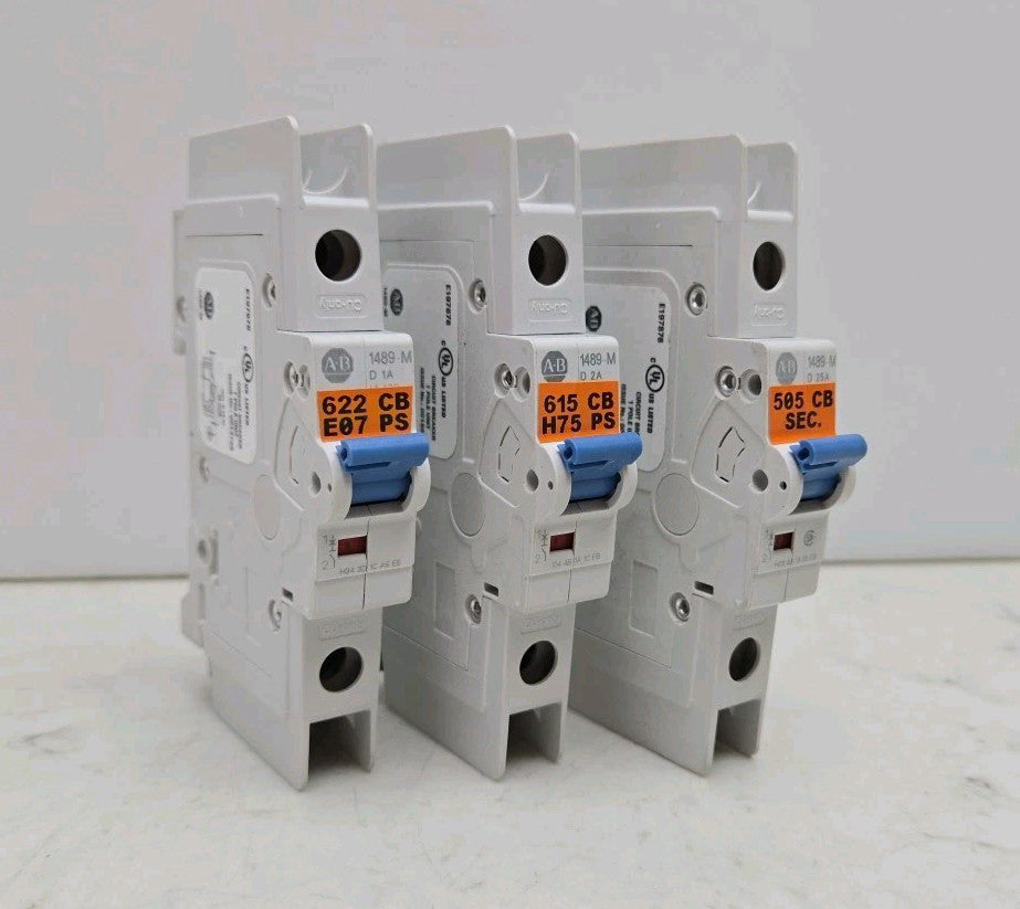 3 Pack Mixed Lot Allen Bradley 1489-M Circuit Breaker 1 Pole 1A 2A and 25A Ser D