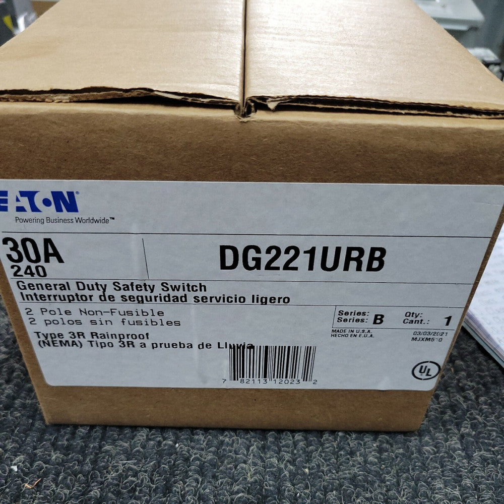 NEW Eaton DG221URB, 30 Amp, 240 Volt, 1P2W, 2 Pole, NEMA 3R, Disconnect 