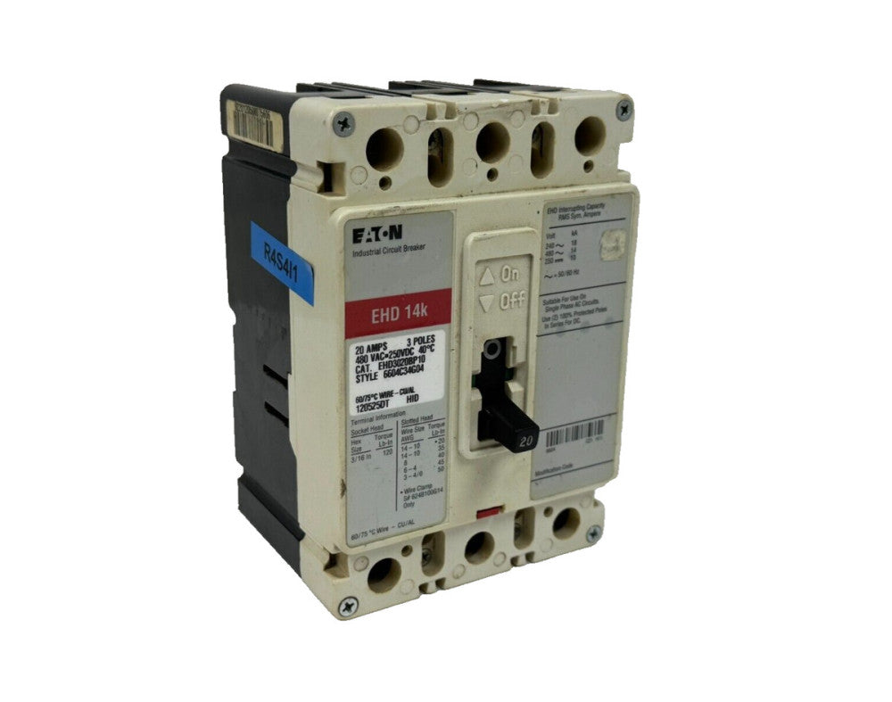 USED EATON EHD3020BP10 CIRCUIT BREAKER 6604C34G04 20A 480VAC 250VDC