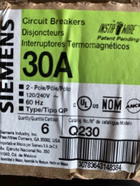 (6 PACK) Siemens ITE Q230 2 Pole 30A Stab In Breaker Circuit Breakers