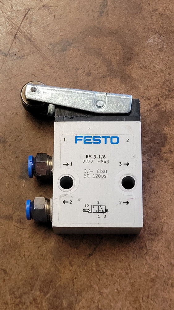 Festo RS-3-1/8 Roller Lever Pneumatic Valve 4mm Tubing Connections