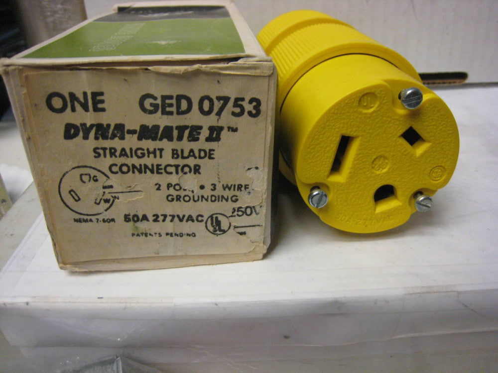 1- GE GED0753 DYNA-MATE II STRAIGHT BLADE FEMALE Plug  2 Pole  3Wire 50A 277vac