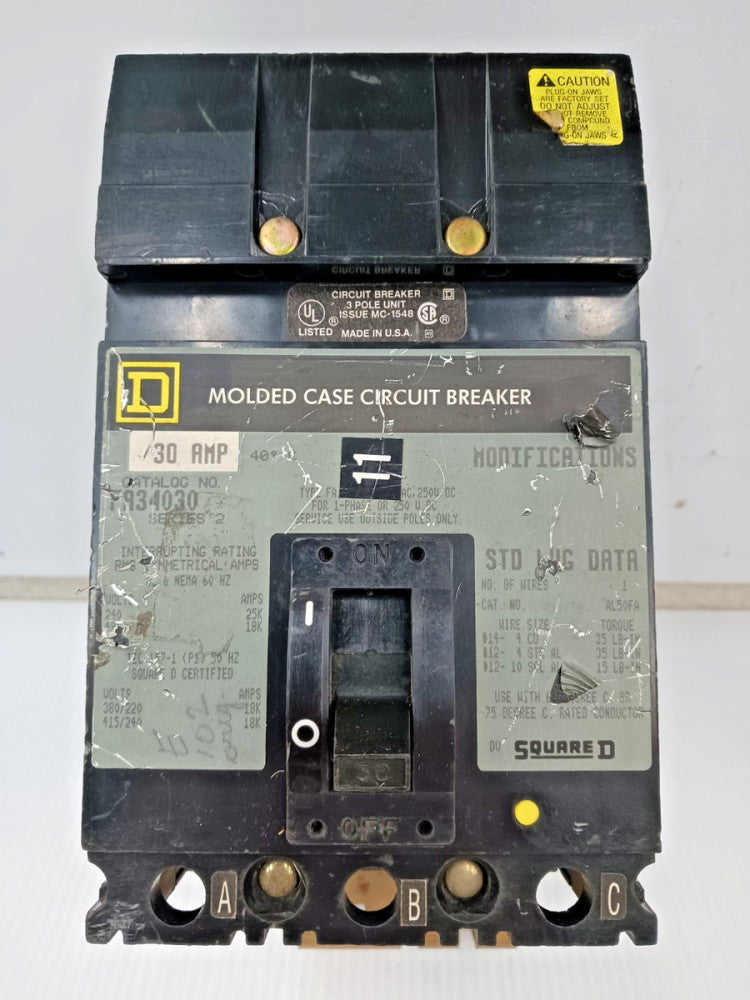 Square D 30 Amp I-Line Molded Case Circuit Breaker 3 Pole 480 VAC FA34030