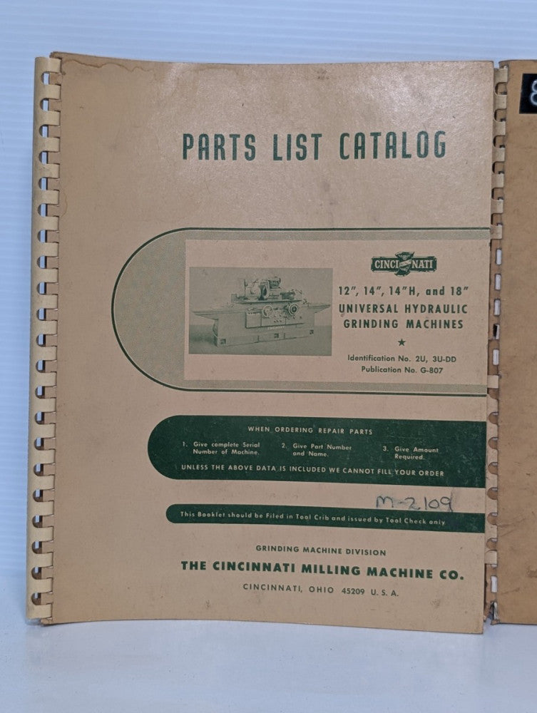 Cincinnati Milling Machine Company G-807 Hydraulic Grinders Parts List Catalog