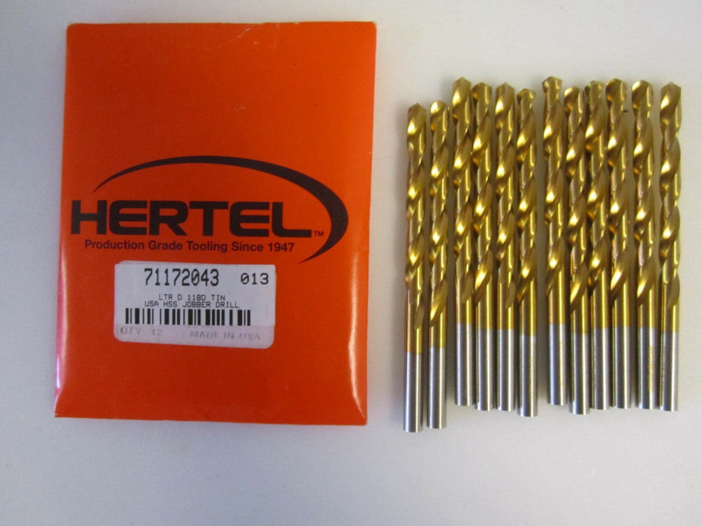 High Speed Steel Jobber Drill, Letter D, 118 Degree Point Angle, TiN Coated 12Pk