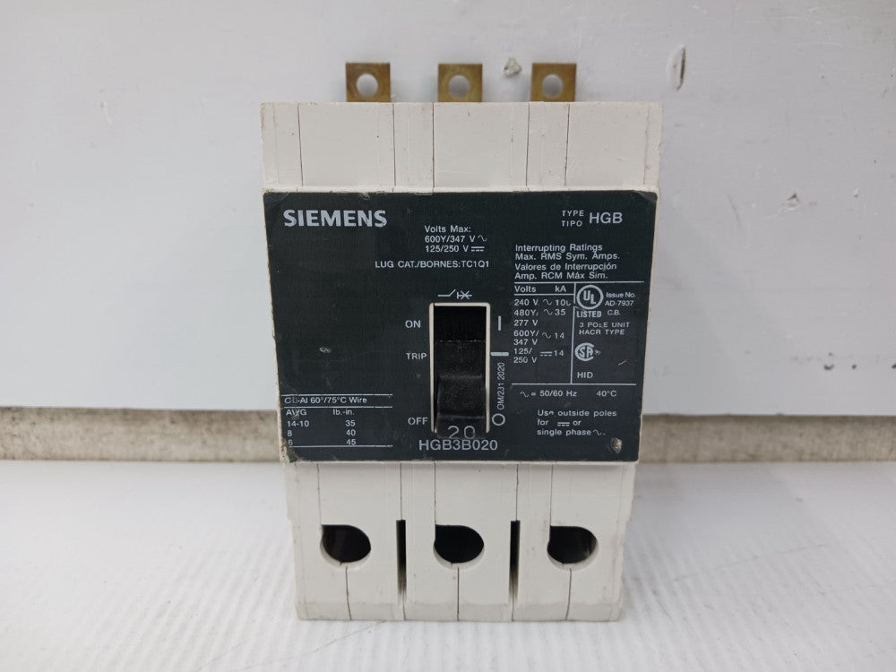 Siemens 20 Amp Bolt-On Circuit Breaker 3 Pole 600Y/347 VAC 35kA HGB3B020