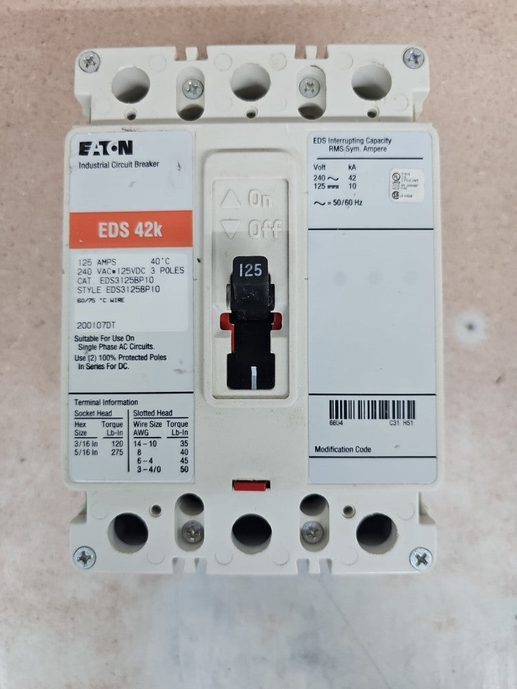 Eaton EDS3125BP10 Circuit Breaker 125A 3P 240VAC NTO