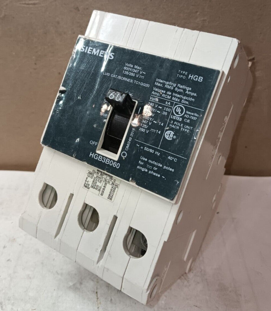 SIEMENS HGB3B060 BOLT-ON CIRCUIT BREAKER 60 AMP 3 POLE 600Y/347V 480Y/277V