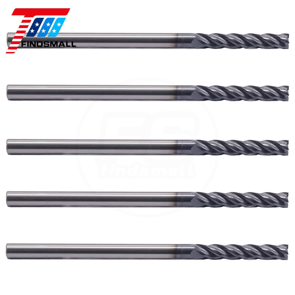 5Pcs 4 Flute Solid Carbide 1/8" x 3/4" x 2-1/4" Long End Mills - AlTiN Coated