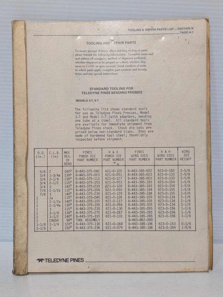 Teledyne Pines Tooling & Repair Parts List for Teledyne Pines Bending Presses
