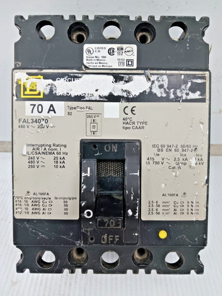 Square D 70 Amp Circuit Breaker 3 Pole 480 VAC / 250 VDC 18kA FAL34070 *Flaw*