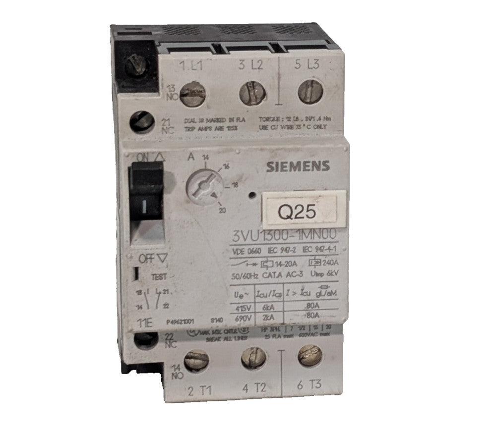 Siemens 3VU1300-1MN00 Motor Protector Circuit Breaker, B600 Q300, 600 VAC Max