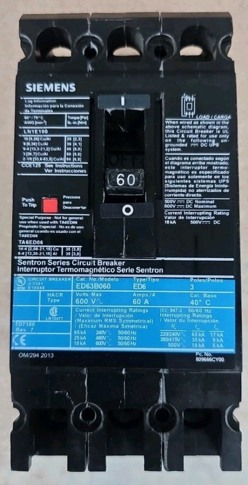 SIEMENS SENTRON ED6 CIRCUIT BREAKER ED63B060 60AMP 600VOLT 3POLE