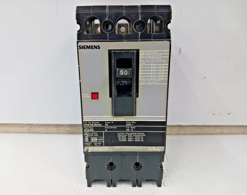 Siemens Sentron 50 Amp Circuit Breaker 3 Pole 600 VAC 65kA HHED63B050