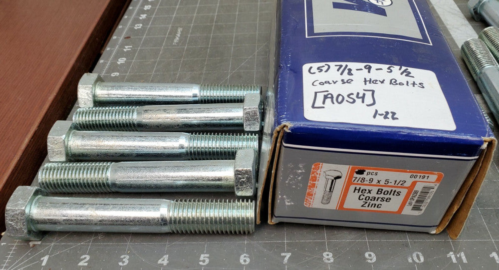 (QTY 5) 7/8"-9 x 5 1/2" Zinc Plated Steel Coarse Thread Hex Cap Screws [A0S4] 