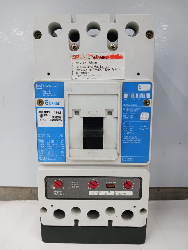 CUTLER HAMMER 400 AMP CIRCUIT BREAKER 3 POLE 240 VAC DK3400W