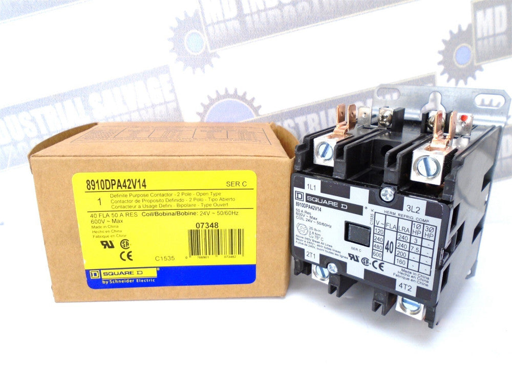 SQUARE D - 8910DPA42V14 - CONTACTOR - 40A, 2P, 7.5HP@230VAC 24V Coil -NEW in BOX