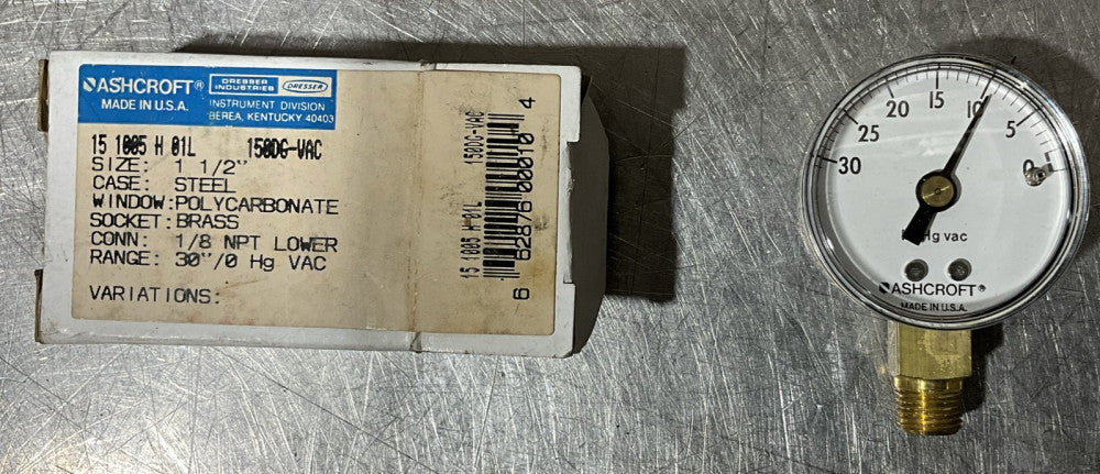 ASHCROFT 15 1005-H-01L-150DG TYPE 1005 COMMERCIAL PRESSURE GAUGE 0-30 IN HG VAC