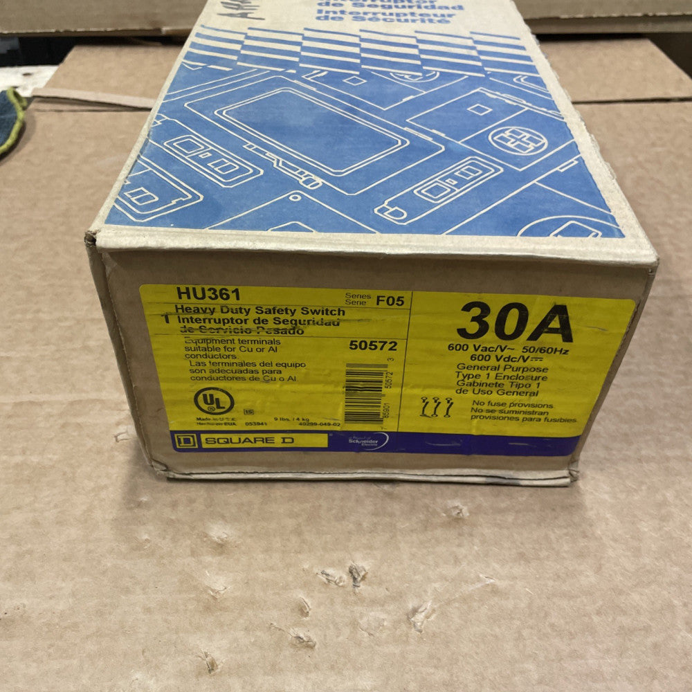 new SQD HU361 Safety Disconnect Switch 30A 3P 600V Type 1 Indoor Enclosure