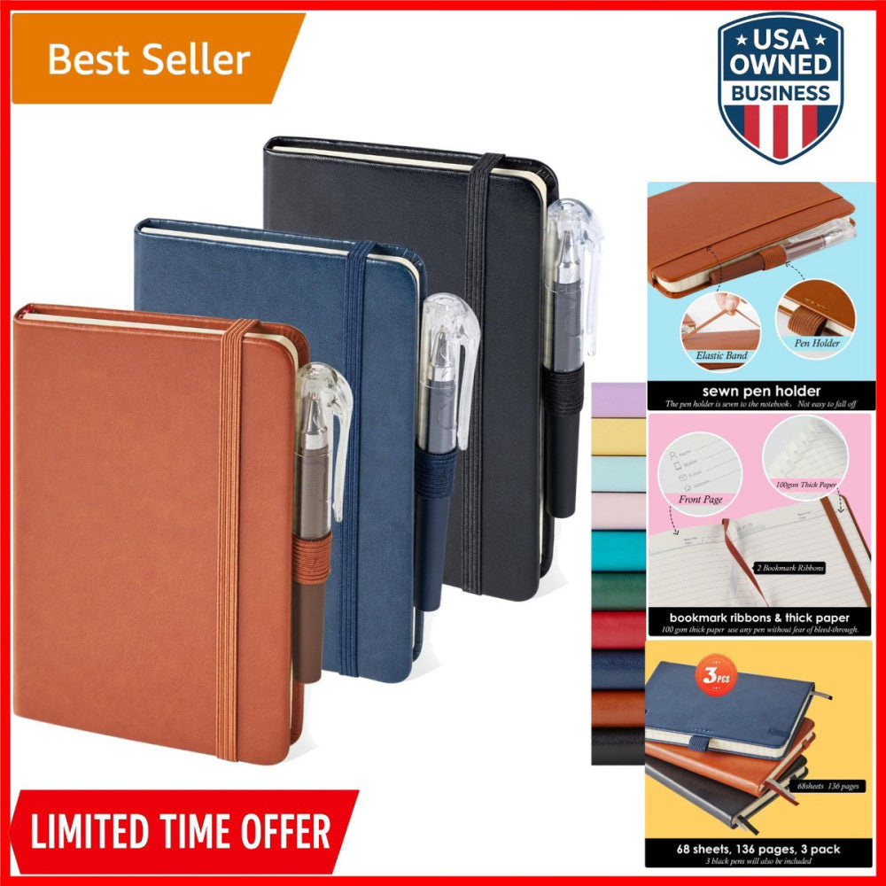 3 Pack Small Leather Notebooks A6 Pen Holder 408 Pages Travel Journal