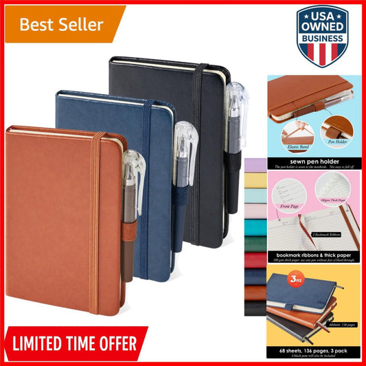 3 Pack Small Leather Notebooks A6 Pen Holder 408 Pages Travel Journal
