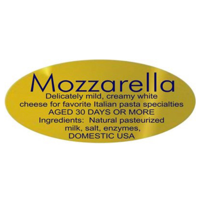 Gold Foil Labels .875" x 1.9" Oval decal sticker 500 per roll MOZZARELLA