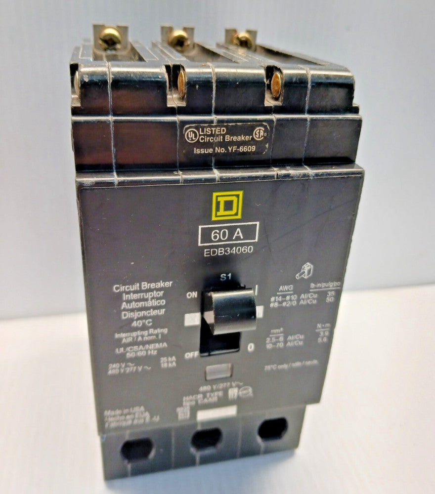 SQUARE D EDB34060 CIRCUIT BREAKER 60 AMP 3POLE 480Y/277 VAC 18k