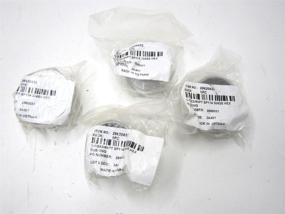 (4HB11/2X3/4) 1-1/2 x 3/4" NPT Hex Bushing Stainless Steel Pipe Fittings - Qty 4