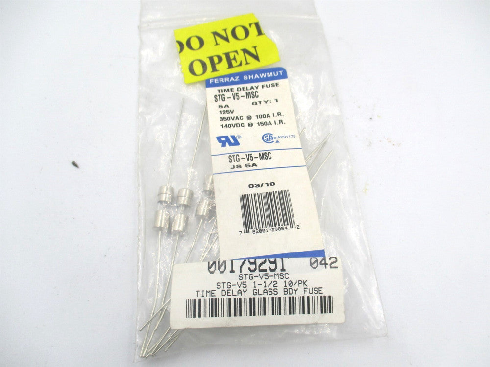 Ferraz Shawmut STG-V5-MSC 350 VAC 5 Amp Time Delay Miniature Glass Fuse - Qty 10