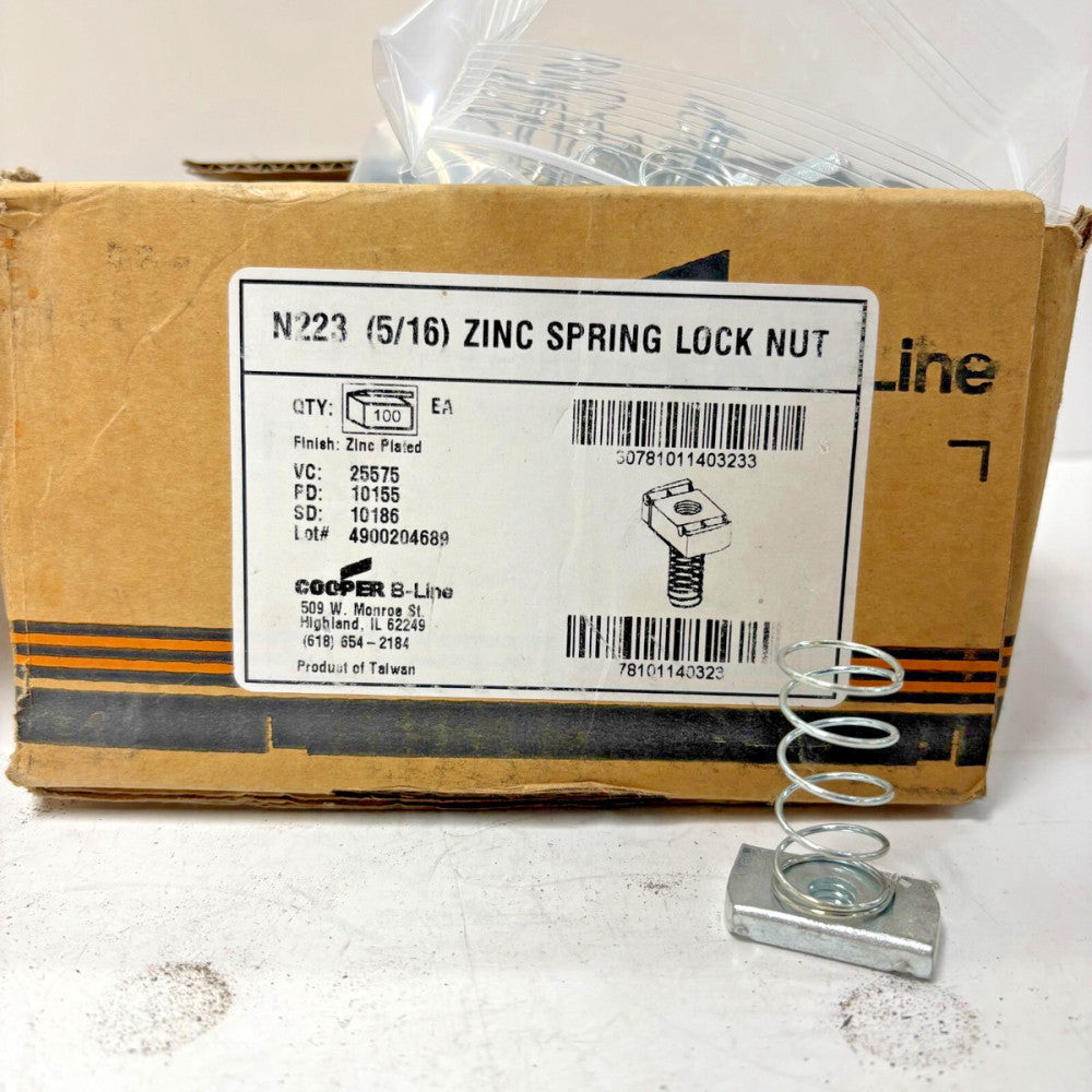 COOPER B-LINE ZINC SPRING LOCK NUT N223 (5/16") LOT OF 66 OAD .85"X1.75"X1.375"
