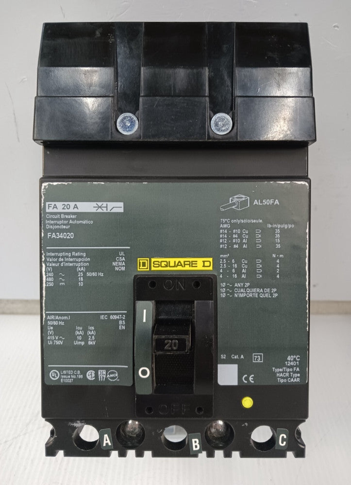 Square D 20 Amp I-Line Circuit Breaker 3 Pole 480 VAC / 250 VDC 18kA FA34020