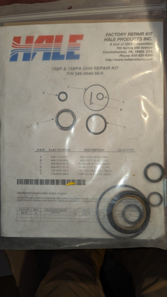 (1) Hale 546-0040-50-0 Repair Kit for 15BP & 15BPA-2500 NIB