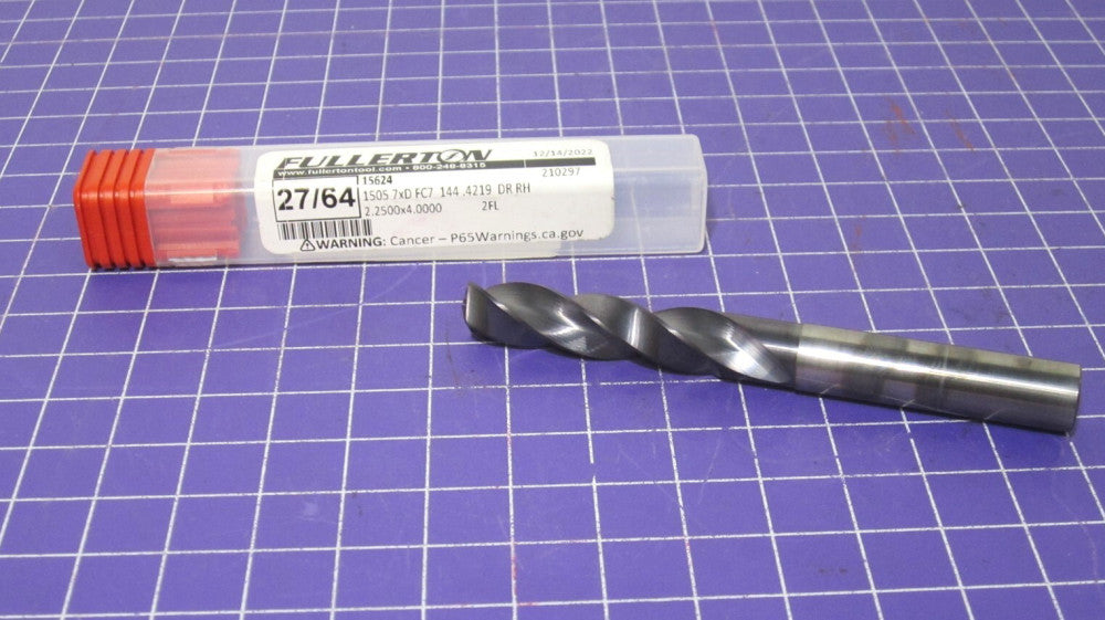 Fullerton Tool (15624) 27/64" Solid Carbide RH Jobber Drill 2-1/4 LOC 144° Point