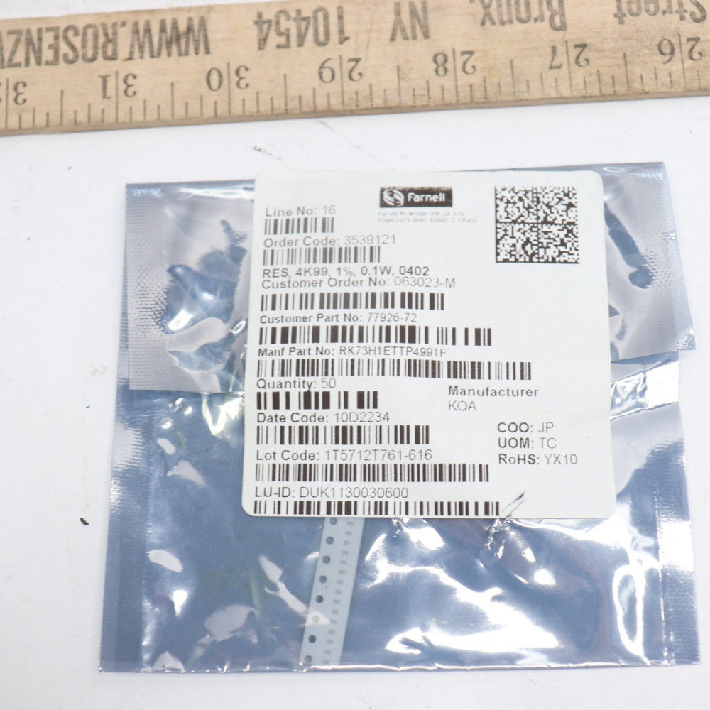 (50-Pk) Farnell Thick Film Resistors 4.99 kOhms 0.1W, 1/10W RK73H1ETTP4991F