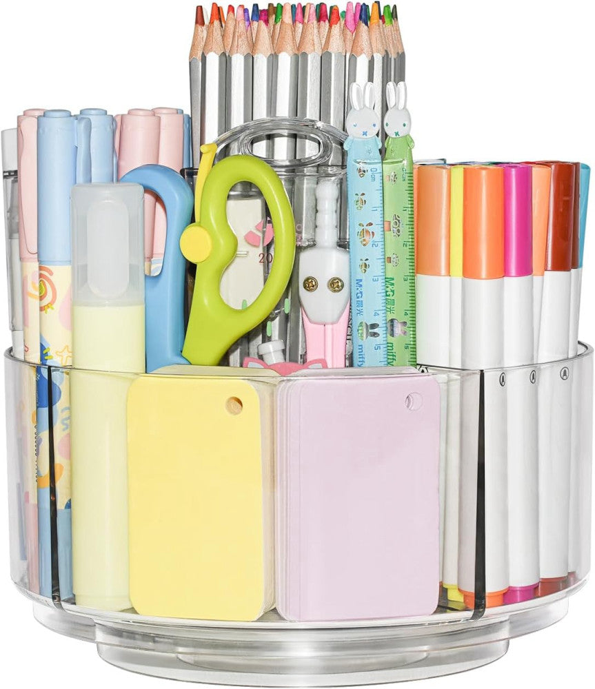 JIKIOU Acrylic Pen Holder, 360-Degree Rotating Pen Holder for Desk, Clear Desk O