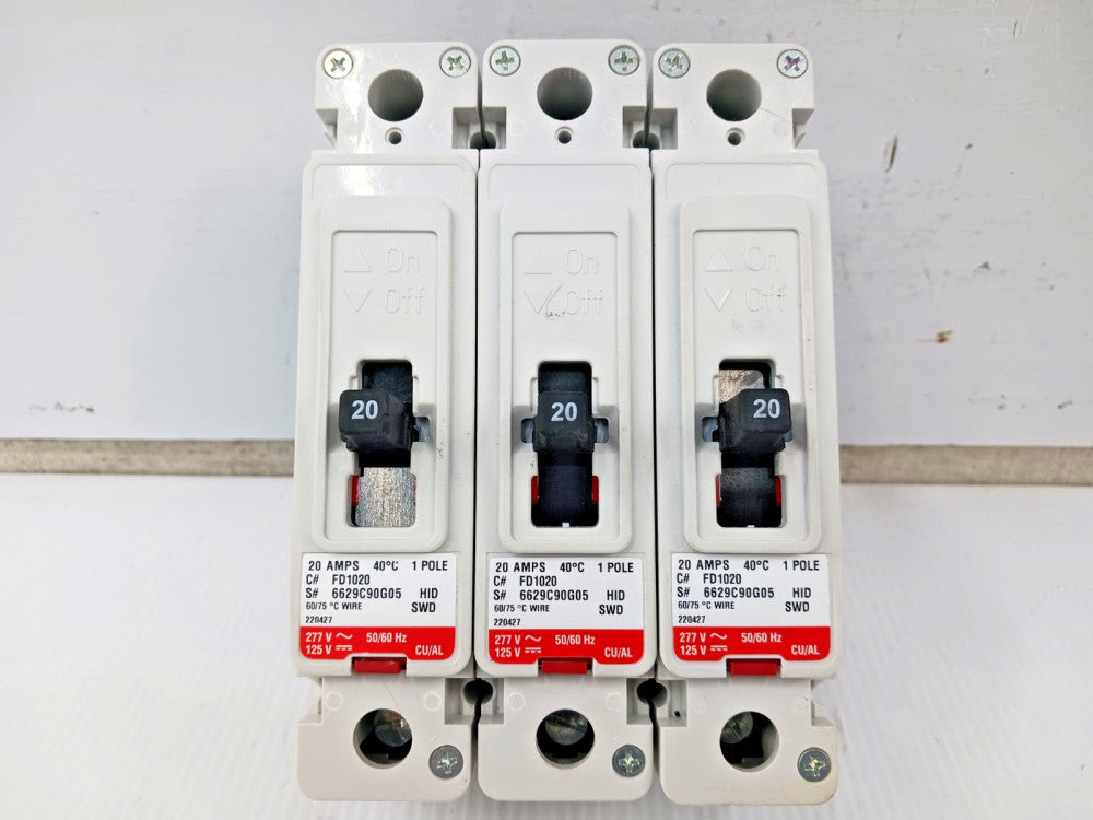 Lot of 3) New Eaton 20 Amp Bolt-On Circuit Breaker 1 Pole 277 VAC 35kA FD1020